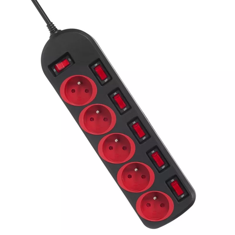 Power extension MACLEAN MCE204 1.5 m cable, 5 AC outlets, indoor, black/red
