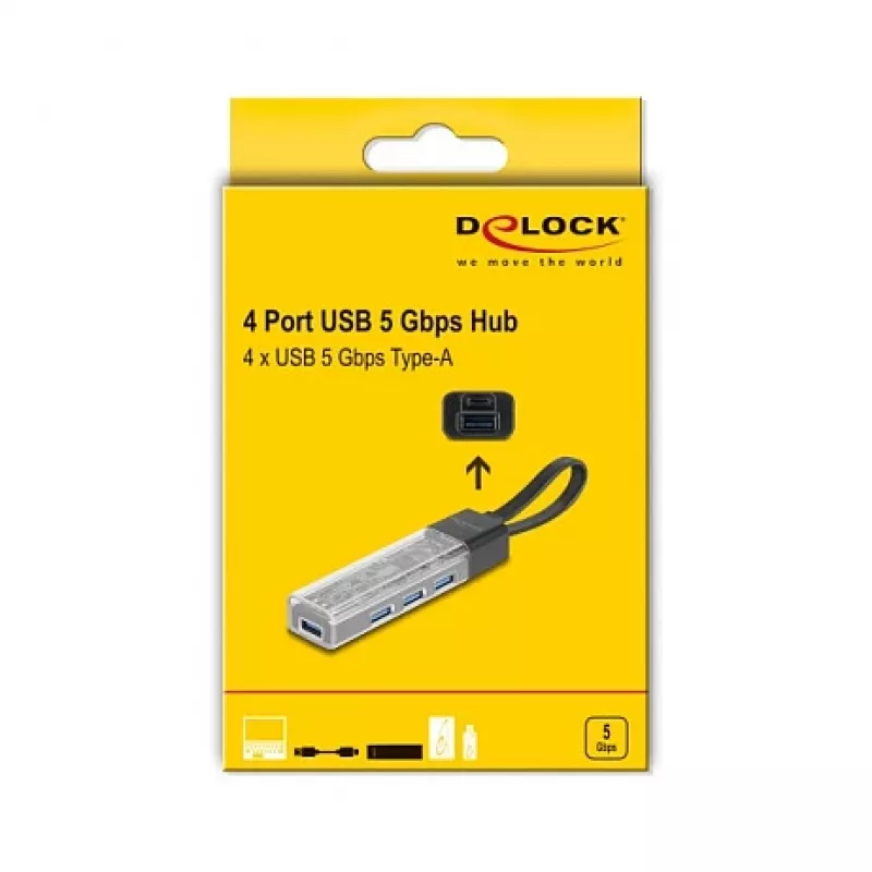 DELOCK USB 3.2 Gen 1 (3.1 Gen 1) 4-port Hub with Type-A + Type-C Host (5000 Mbit/s) Black/Transparent