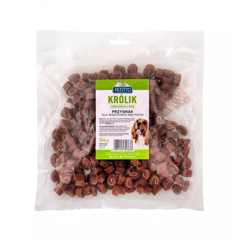 Dog training treats PETITTO Sushi rabbit with fish 500 g, protein 28%, fat 7%, moisture 23%