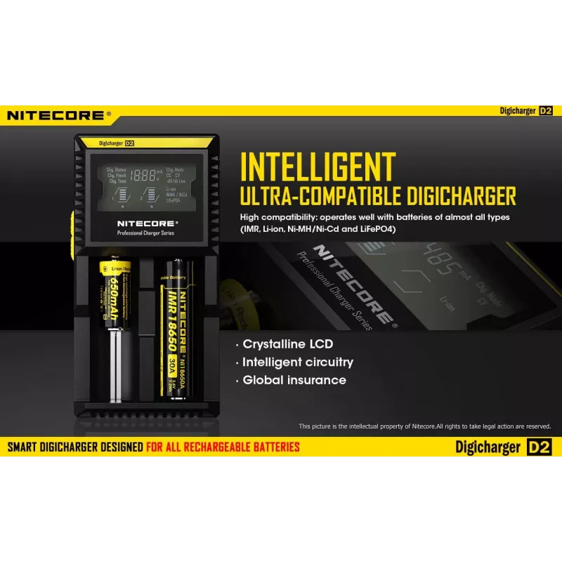 Battery charger Nitecore D2 — 2‑slot charger for AA/AAA/AAAA/C batteries, 100–240V input, 4.2V output, black