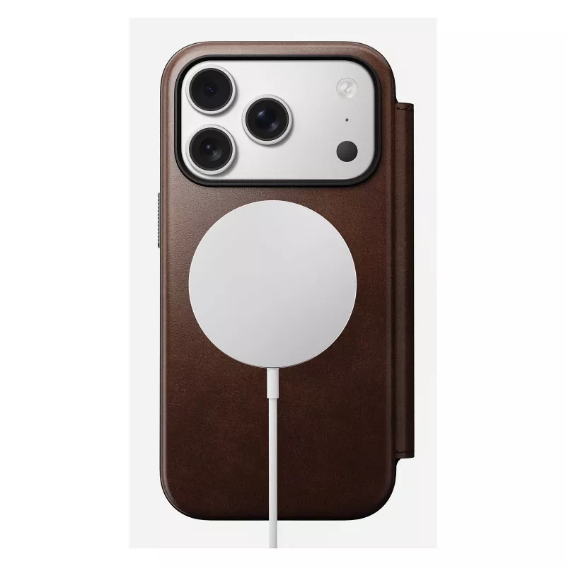 Mobile phone cover Nomad Modern Leather Folio for iPhone 17 Pro, leather/aluminium, 16 cm (6.3 inch) brown, 4 card pockets