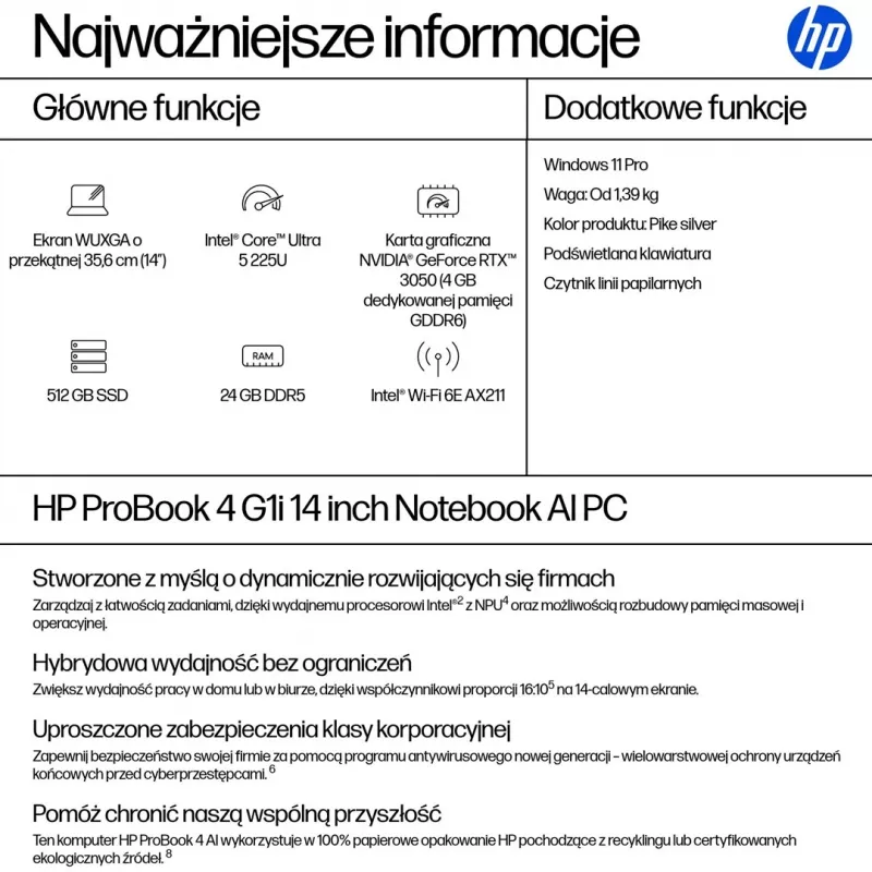 HP ProBook 4 G1i Ultra 5 225U 14.0WUXGA IPS 300nits AG 24GB DDR5 5600 SSD512 Arc Cam1080p 56Wh W11Pro Pike silver aluminium 3Y OnSite