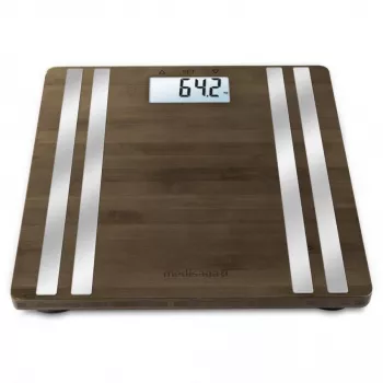 Electronic personal scale Medisana BS 552 — silver bamboo top, max 180 kg, 100 g accuracy, Bluetooth, BMI, body composition