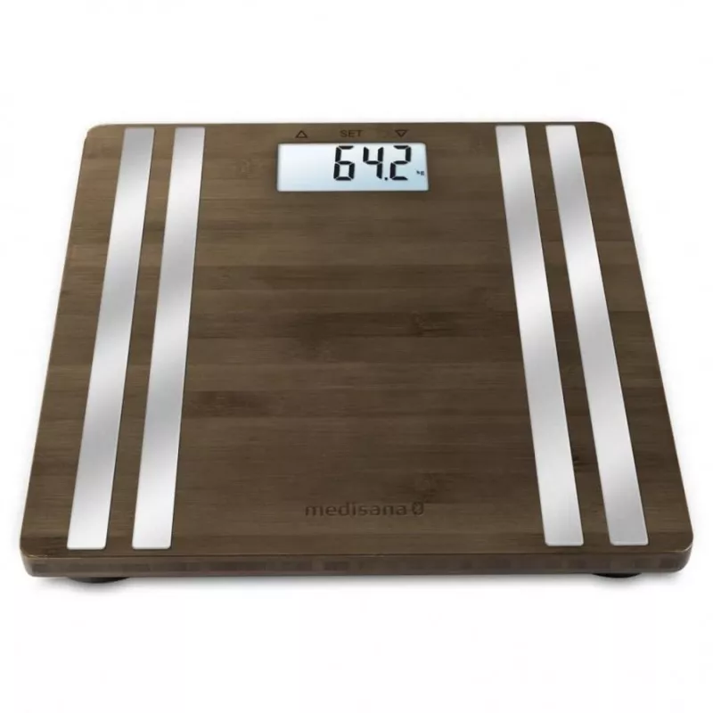 Electronic personal scale Medisana BS 552 — silver bamboo top, max 180 kg, 100 g accuracy, Bluetooth, BMI, body composition