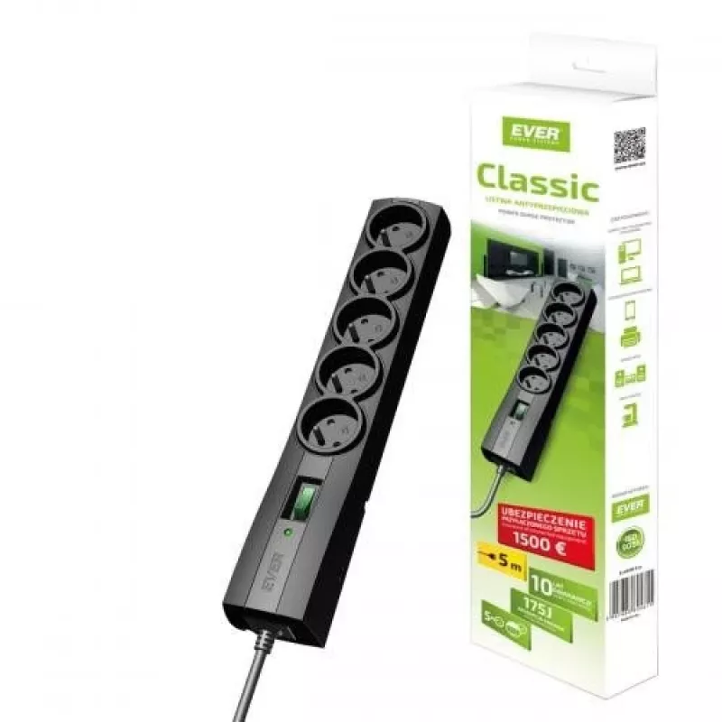 Power strip EVER CLASSIC 5-socket 3 m cable 250 V 10 A with surge protection (175 J) Black
