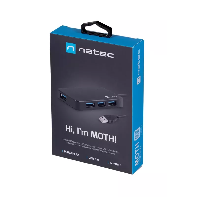 USB hub NATEC Moth 4-port USB 3.2 Gen 1 Type-A (5000 Mbit/s), USB-powered, black, 0.15 m cable
