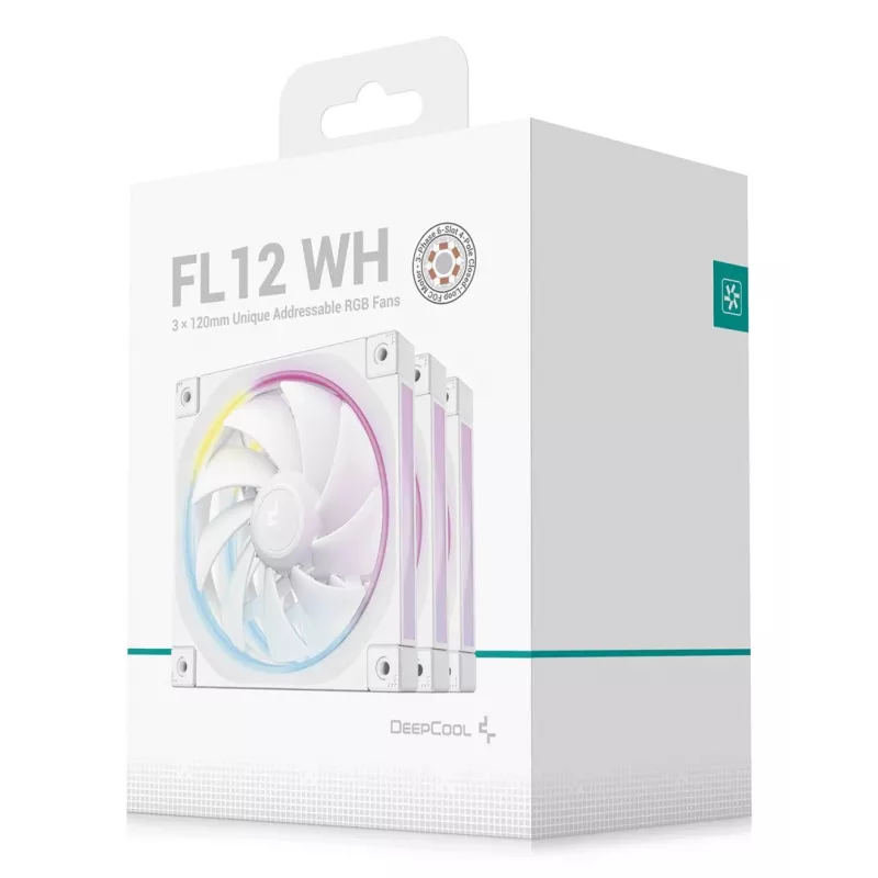 12 cm case fan DeepCool FL12 WH — 3-pack, 120×120×25 mm, 2150 RPM, 55 CFM, Fluid Dynamic Bearing, PWM, multi-LED, 4-pin
