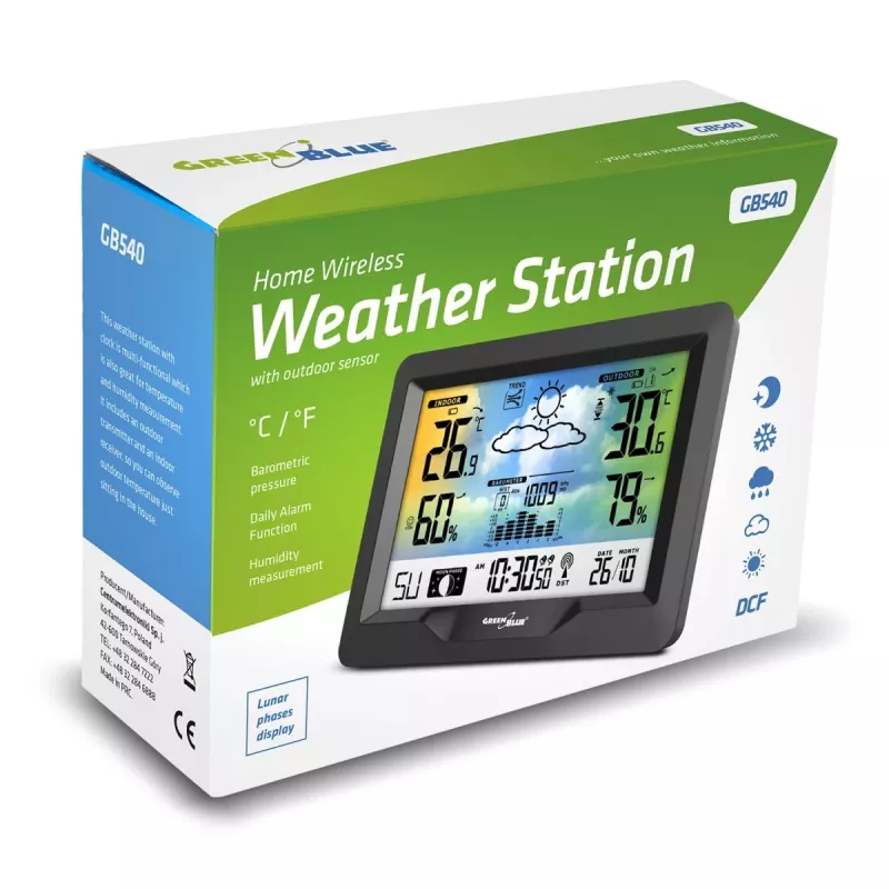 Hygrometer Thermometer GreenBlue GB540 — indoor 0–50°C / outdoor -20–65°C, DCF clock, outdoor sensor 60 m, black