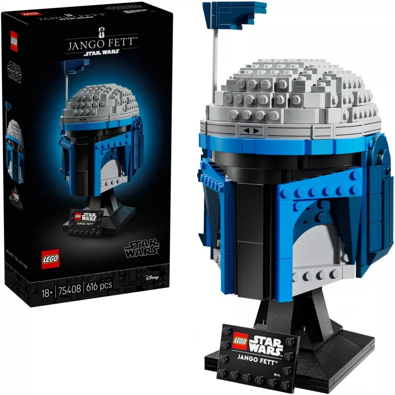 Collectible LEGO Star Wars helmet accessory Jango Fett 75408 — 616 pieces, 210×120×110 mm display model