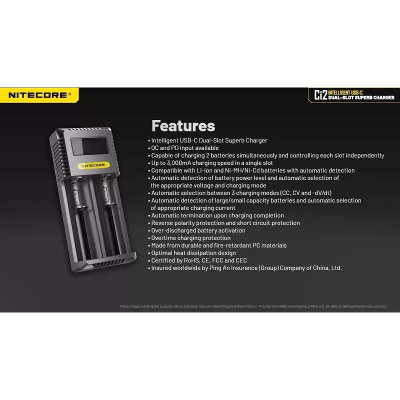 Battery Charger Nitecore Ci12 Universal USB charger for Li‑Ion, NiCd, NiMH, 3A input 5/9/12V, plastic casing