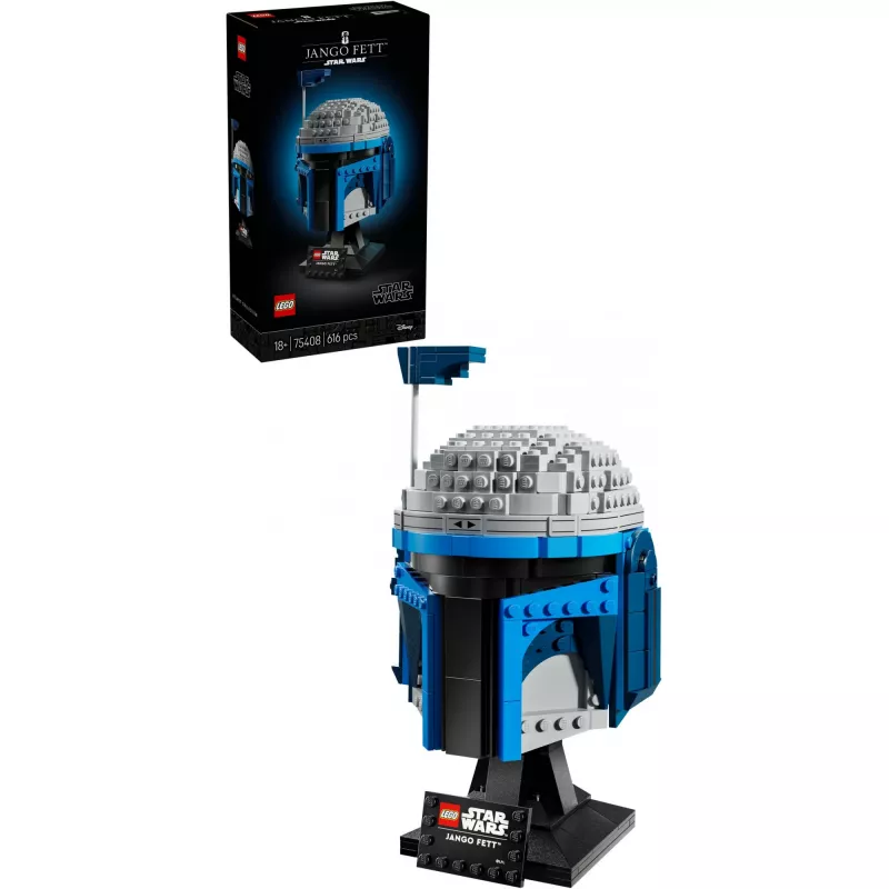 Collectible LEGO Star Wars helmet accessory Jango Fett 75408 — 616 pieces, 210×120×110 mm display model