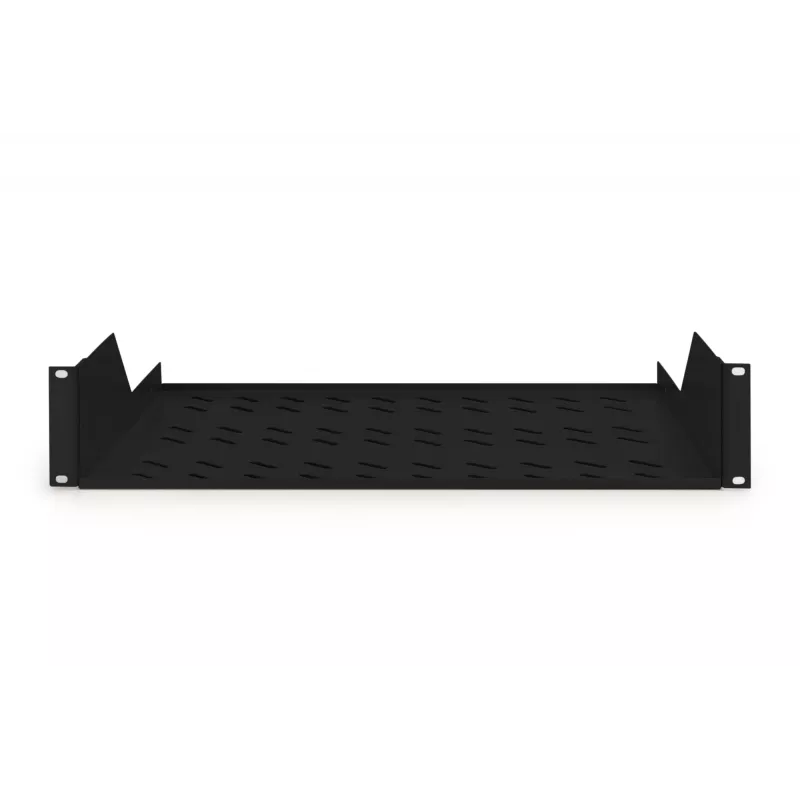 Digitus | 2U Fixed Shelf for Racks | DN-19 TRAY-2-SW | Black | Perfect for storage of components which are not 483 mm (19”) suitable. Slim design which takes space of 2 height units. Easy and quick to mount or dismount. Dimensions 88x482x349 mm, up to 25 kg
