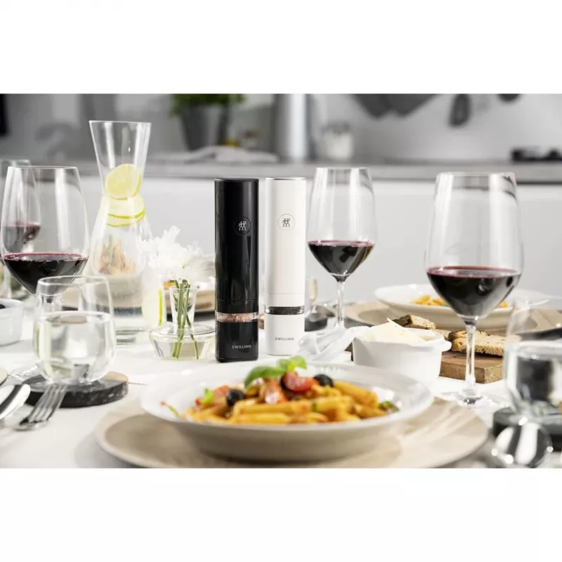 Salt & pepper grinder set ZWILLING Enfinigy electric, ceramic grinders, white & black, battery-operated, adjustable grind
