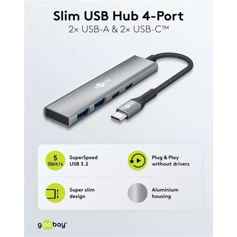 Goobay Slim 4-Port USB-Hub USB-C auf/USB-A 5 Gbit/s - -Plug USB 3.2> (76563)