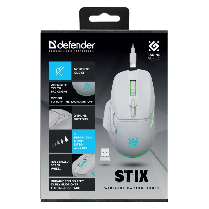 Wireless mouse DEFENDER Stix GM-009 RF — optical 3200 DPI, 6 buttons, ambidextrous, USB RF, battery-powered, white