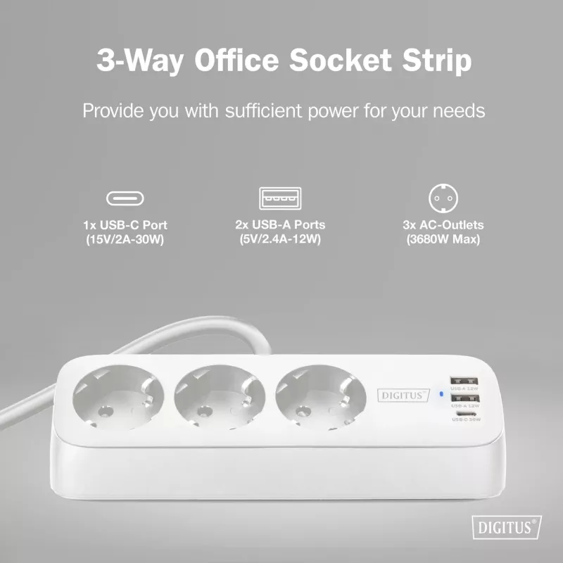 Power strip DIGITUS 3-way with 2×USB-A and 1×USB-C, 3 AC outlets Type E/F, 1.5 m cable, white