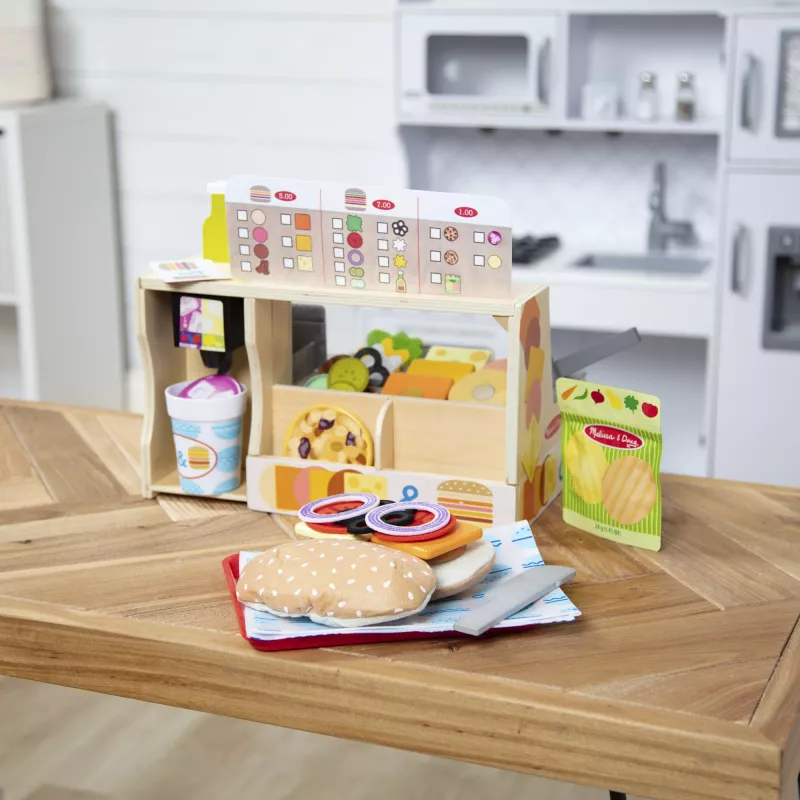 Melissa & Doug Wooden Slice & Stack Sandwich Counter with Deli Slicer – 56-Piece Pretend Play Food Pieces - FSC Certified