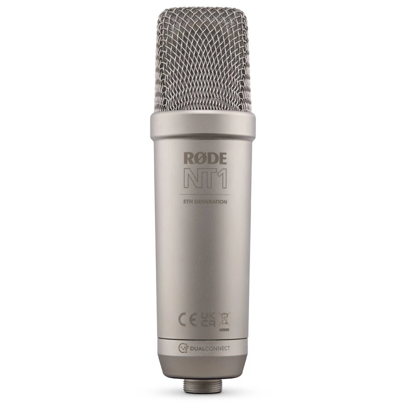 Studio condenser microphone RØDE NT1‑A 5th Gen — cardioid, XLR/USB, 24/32‑bit, up to 192 kHz, max SPL 142 dB, silver