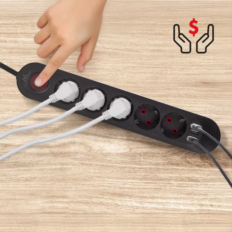 Power strip MACLEAN MCE395 B — 5 sockets, 3×USB, 110–240V AC, 2.1A USB, 2500W, 1.5 m cable, black