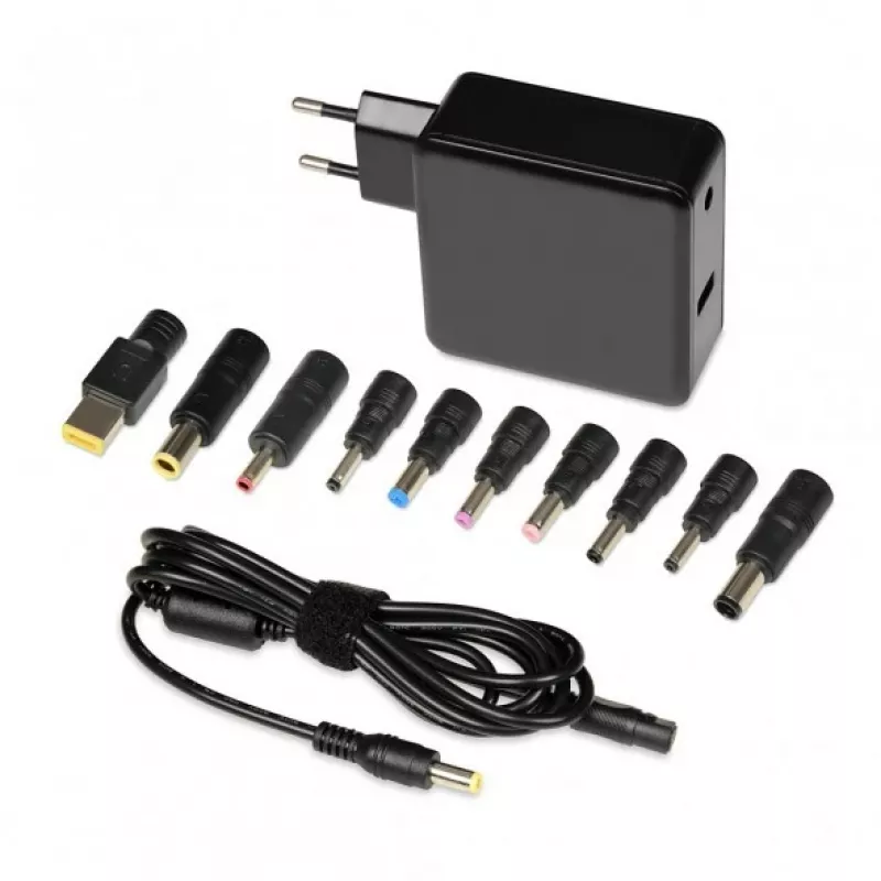 Laptop power adapter IBOX IUZ65WA, AC-to-DC auto 100–240V → 18.5–20.5V, 65W, 1×USB, black