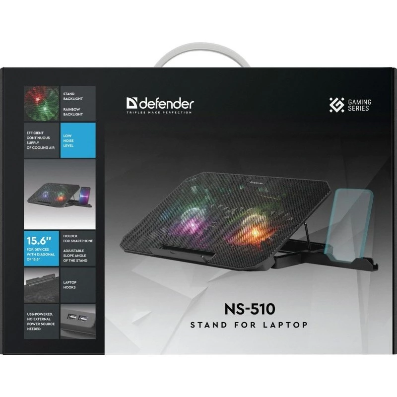 Notebook cooling pad DEFENDER NS-510 with 2 fans, 2×USB ports and RGB lighting