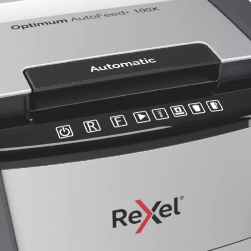 Paper shredder REXEL Optimum AutoFeed+ 100X — 100-sheet auto feed, 4 x 28 mm cross-cut, 34 L bin, aluminium