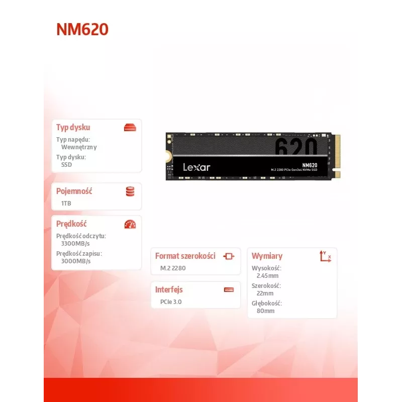 SSD Drive Lexar NM620 1TB NVMe M.2 2280, 3300/3000MB/s