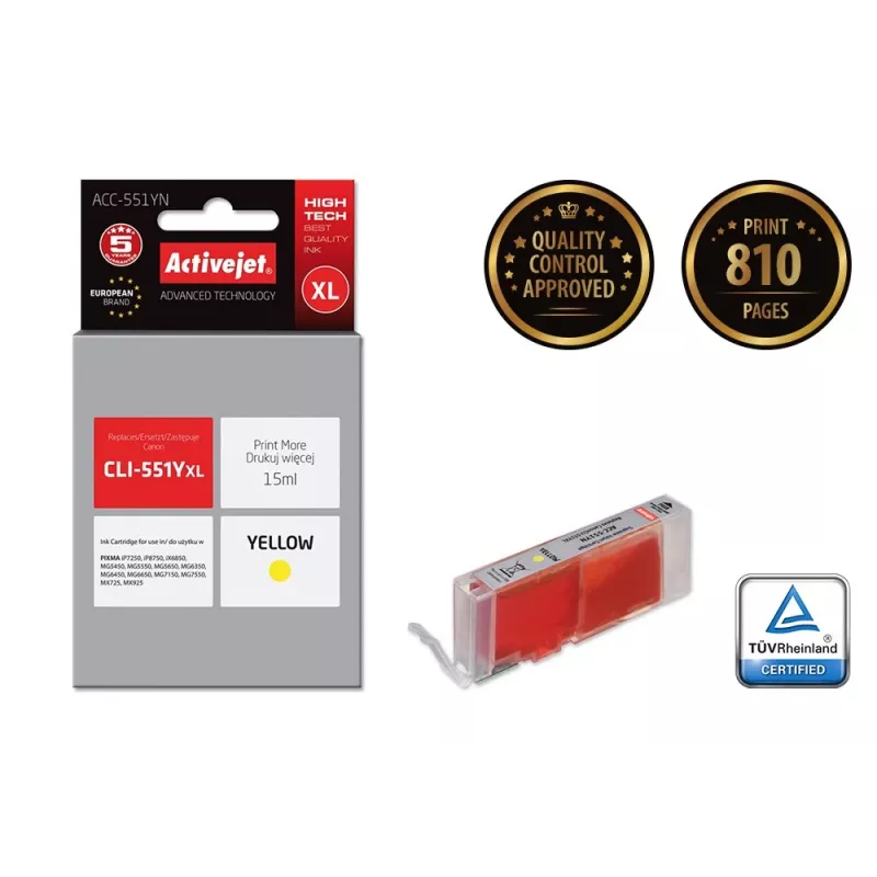 Compatible ink cartridge ActiveJet ACC-551YN yellow, high (XL) 15 ml, for Canon CLI-551Y