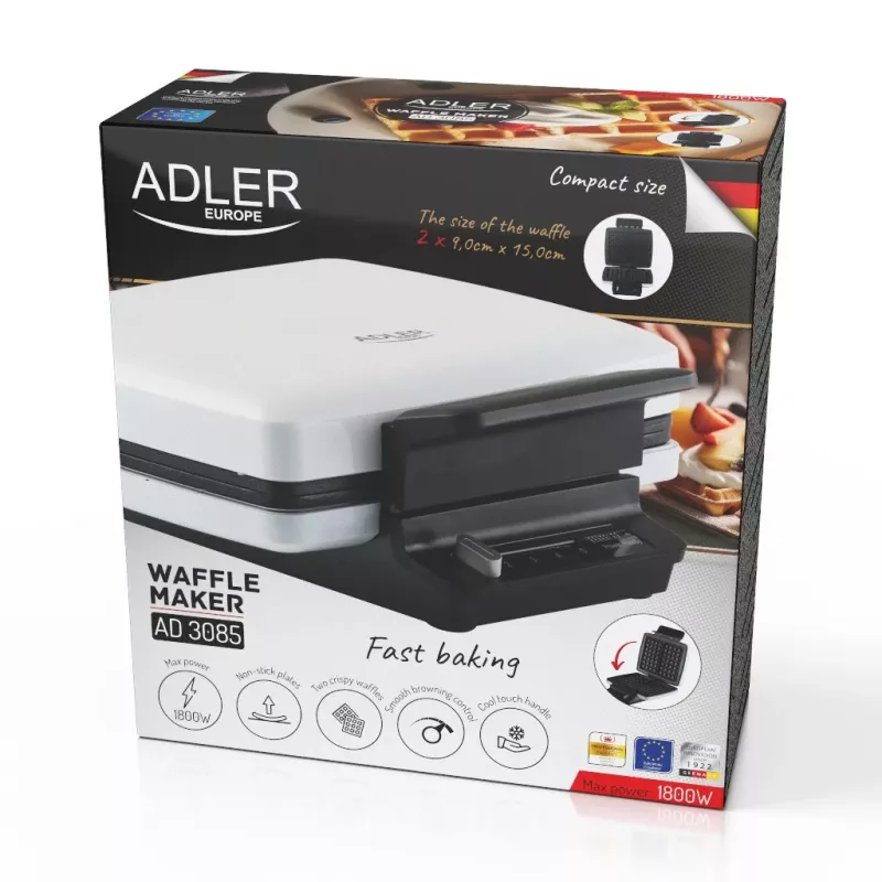 Waffle maker Adler AD 3085 — 1200 W, 2 rectangular waffles 9×13 cm, adjustable temperature, nonstick plates