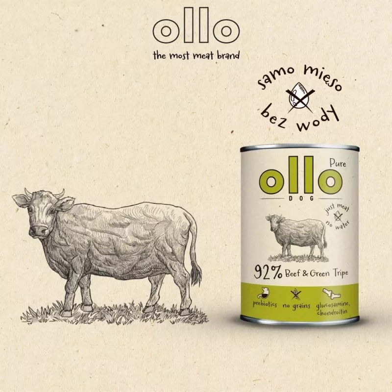 Wet dog food OLLO Pure Beef and Green Tripe 400 g can — adult, protein 14.5%, fat 11.9%, moisture 69%