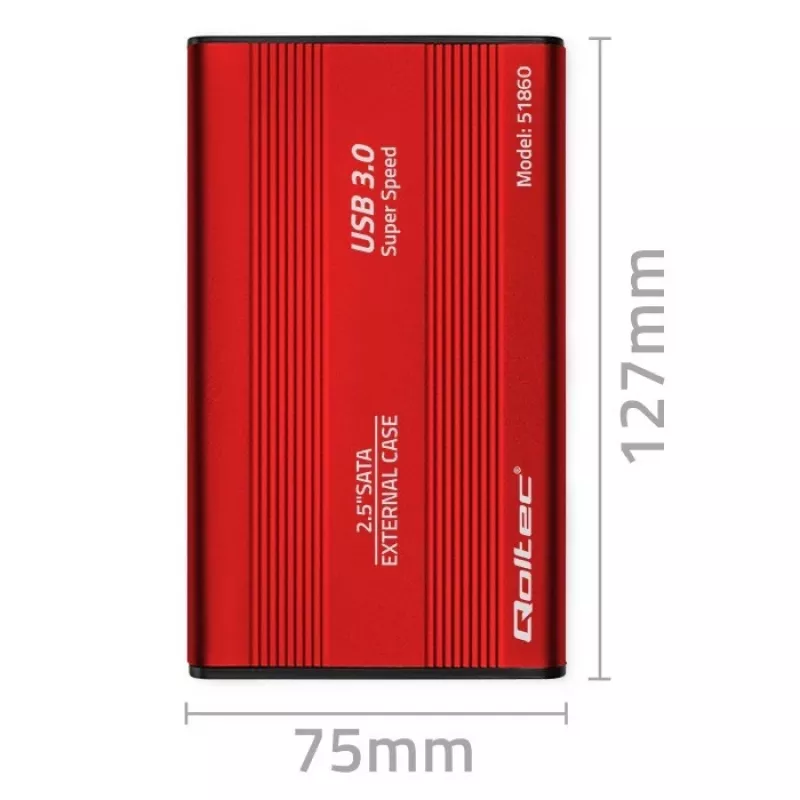 HDD/SSD enclosure QOLTEC 51860 for 2.5 inch SATA III drives, USB Type-A, 5 Gbit/s, aluminium, red