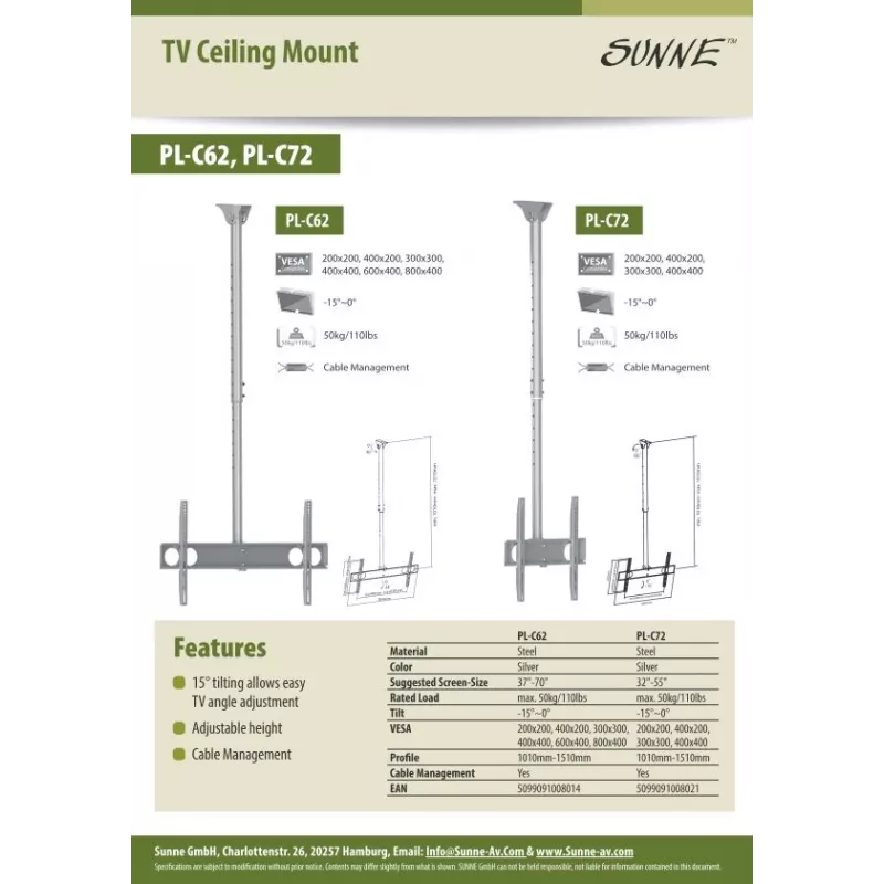 Sunne PL-C62 - Mounting Kit (Ceiling Mount) - for Flat Screen - Steel - Silver - Screen Size: 94-160 cm (37-63)