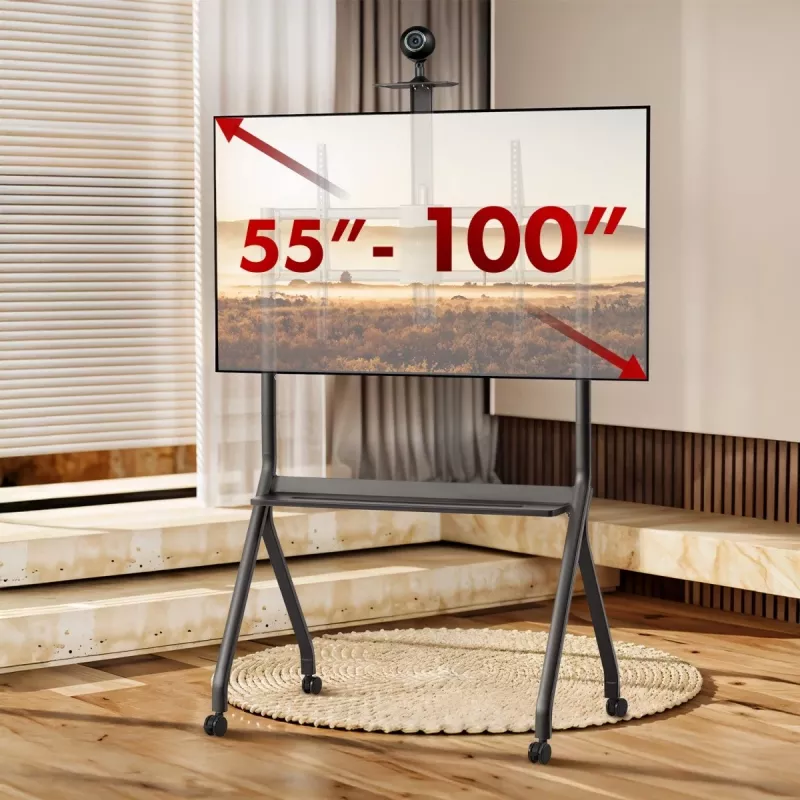 TV stand MACLEAN MC-114 B portable floor stand for 55–100 inch screens, max load 120 kg, VESA 200x200–900x600, height 115–152 cm, black, shelf