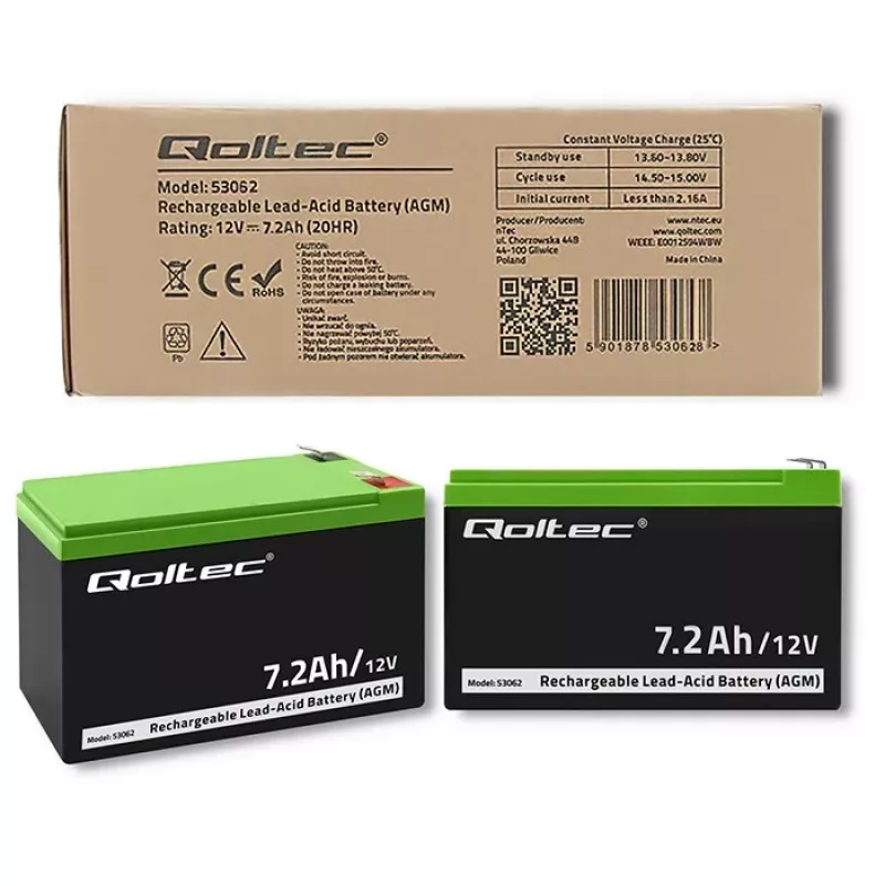 Qoltec 53062 AGM battery | 12V | 7.2 Ah | max 108A
