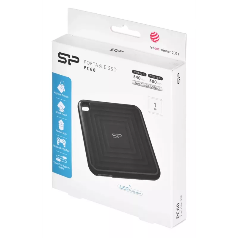 SILICON POWER PC60 - SSD - 1TB - extern (tragbar) - USB 3,2 Gen 2 - 256-Bit-AES - Schwarz (SP010TBPSDPC60CK)
