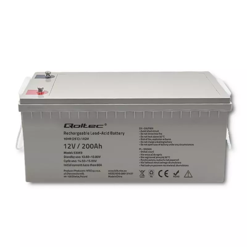 Rechargeable AGM battery QOLTEC 53069 12V 200Ah for backup power and UPS systems