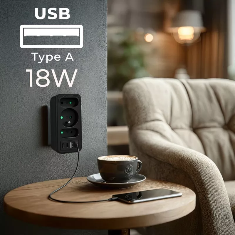 Power splitter MACLEAN MCE248 F/B — 3 AC sockets (1x16A, 2x6A) and 4 USB ports (2xUSB‑A, 2xUSB‑C PD 20W), EU plug, black