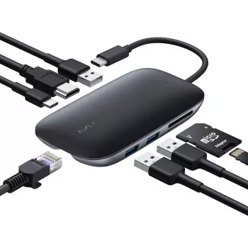 Laptop dock AUKEY CB-C71 — 3x USB‑C (USB 3.2 Gen1), HDMI, RJ‑45, MicroSD, USB PD 100W, 0.15 m cable, black
