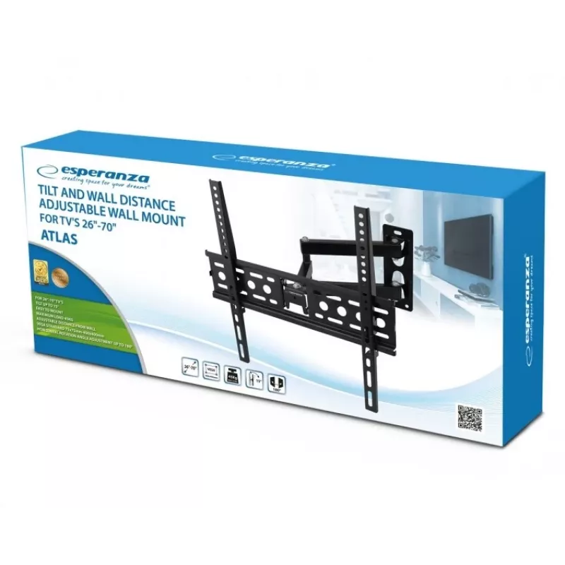 Wall TV mount ESPERANZA ERW016 for 70 inch TVs, black, 45 kg capacity, VESA 75x75–400x400, tilt 15°
