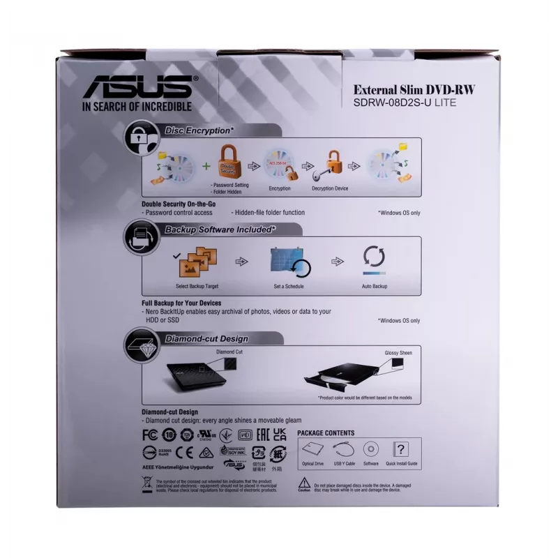 External DVD±RW optical drive ASUS SDRW-08D2S-U Lite, USB 2.0, black, 24x CD / 8x DVD, 142×142×20 mm