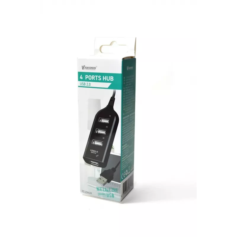 VAKOSS USB hub TC-234UX — 4-port USB 2.0 hub, DC power (5V, 1A), black