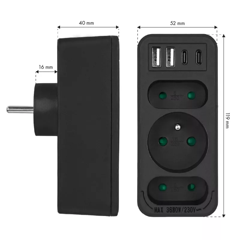Power splitter MACLEAN MCE248 F/B — 3 AC sockets (1x16A, 2x6A) and 4 USB ports (2xUSB‑A, 2xUSB‑C PD 20W), EU plug, black