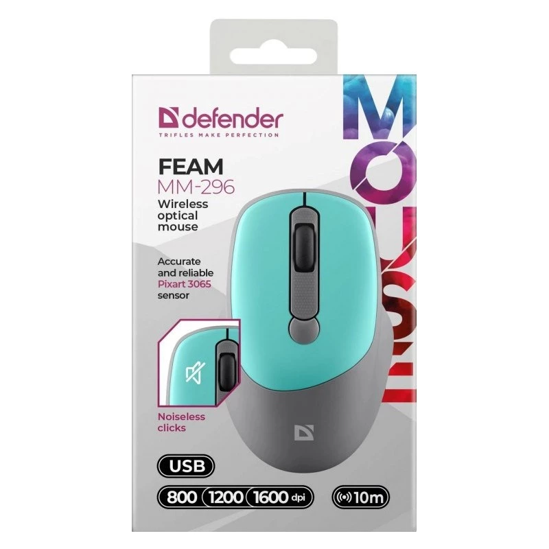 Wireless mouse DEFENDER Silent Click C Mint 52294 — ambidextrous, 1600 DPI, 2.4 GHz nano USB