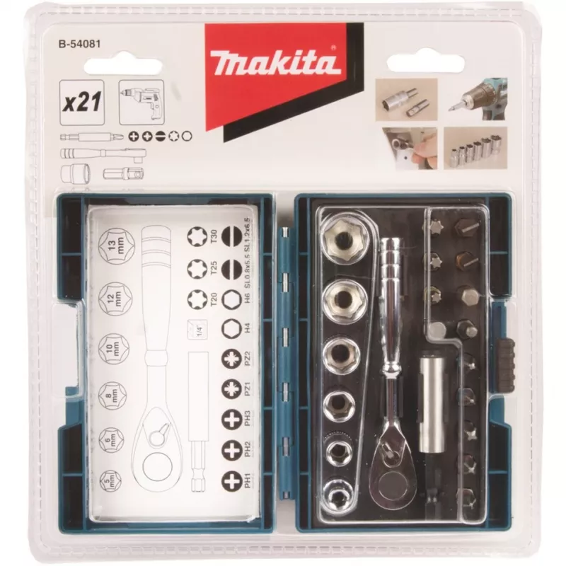 Makita screwdriver bit and ratchet set, 21 pieces (B-54081)