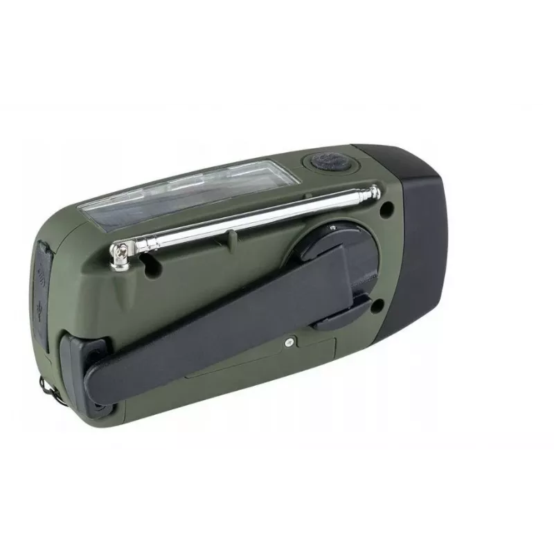 Emergency radio FOSCO 464600 with LED torch, power bank, FM, IPX3, solar/manual/USB-C — green/black