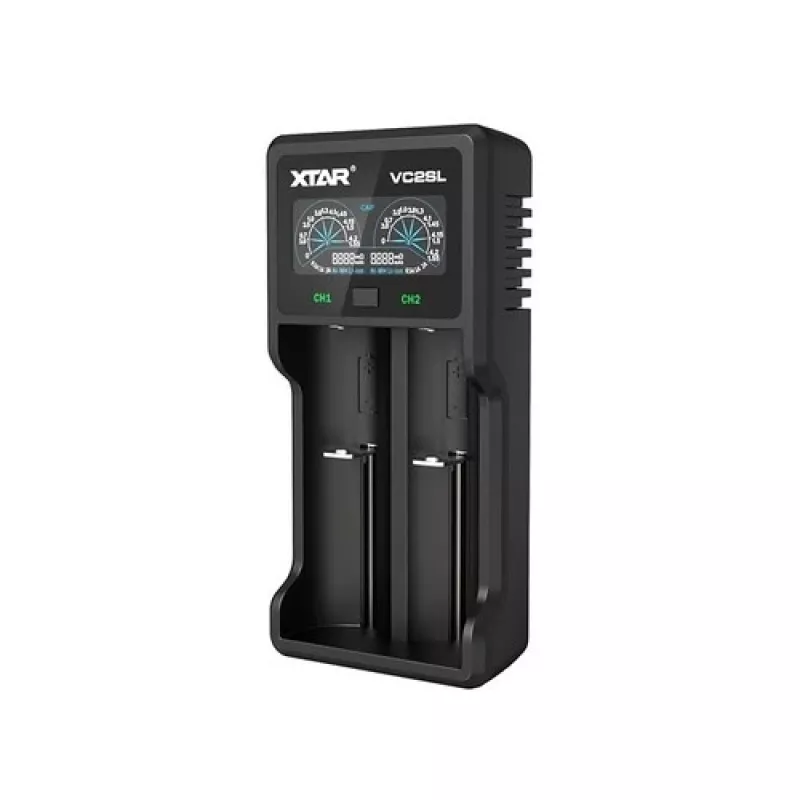 Battery charger XTAR VC2SL — USB 5V 1A, LCD, charges 2 cells, compatible Li‑Ion/NiMH/NiCd, sizes A/AA/AAA/AAAA/C/D/SC, black