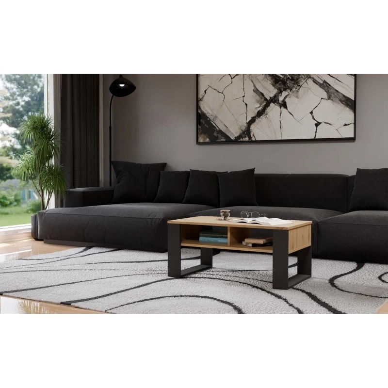Coffee table top e shop Modern 90×58×50 cm, anthracite frame, Artisan oak shelves, matte