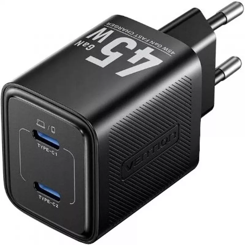 Vention FEFB0-EU 45W Indoor AC Fast Charger 2× USB-C — for Smartphone, Laptop, Tablet, Smartwatch, Headphones (Black)