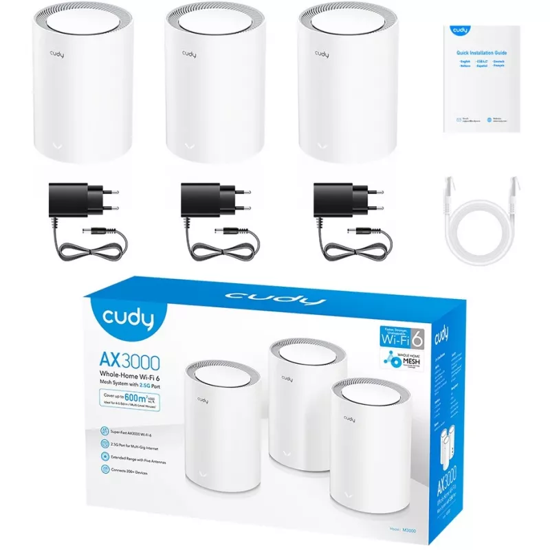 Cudy M3000 3-PACK mesh wi-fi system Dual-band (2.4 GHz / 5 GHz) Wi-Fi 6 (802.11ax) Grey, White 1 Internal