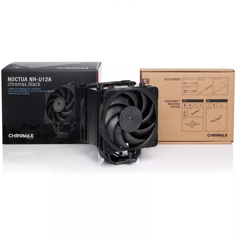 Air cooler Noctua NH-U12A CHROMAX.BLACK – 120 mm dual-fan, 158 mm height, compatible with LGA 1200, 2000 RPM max